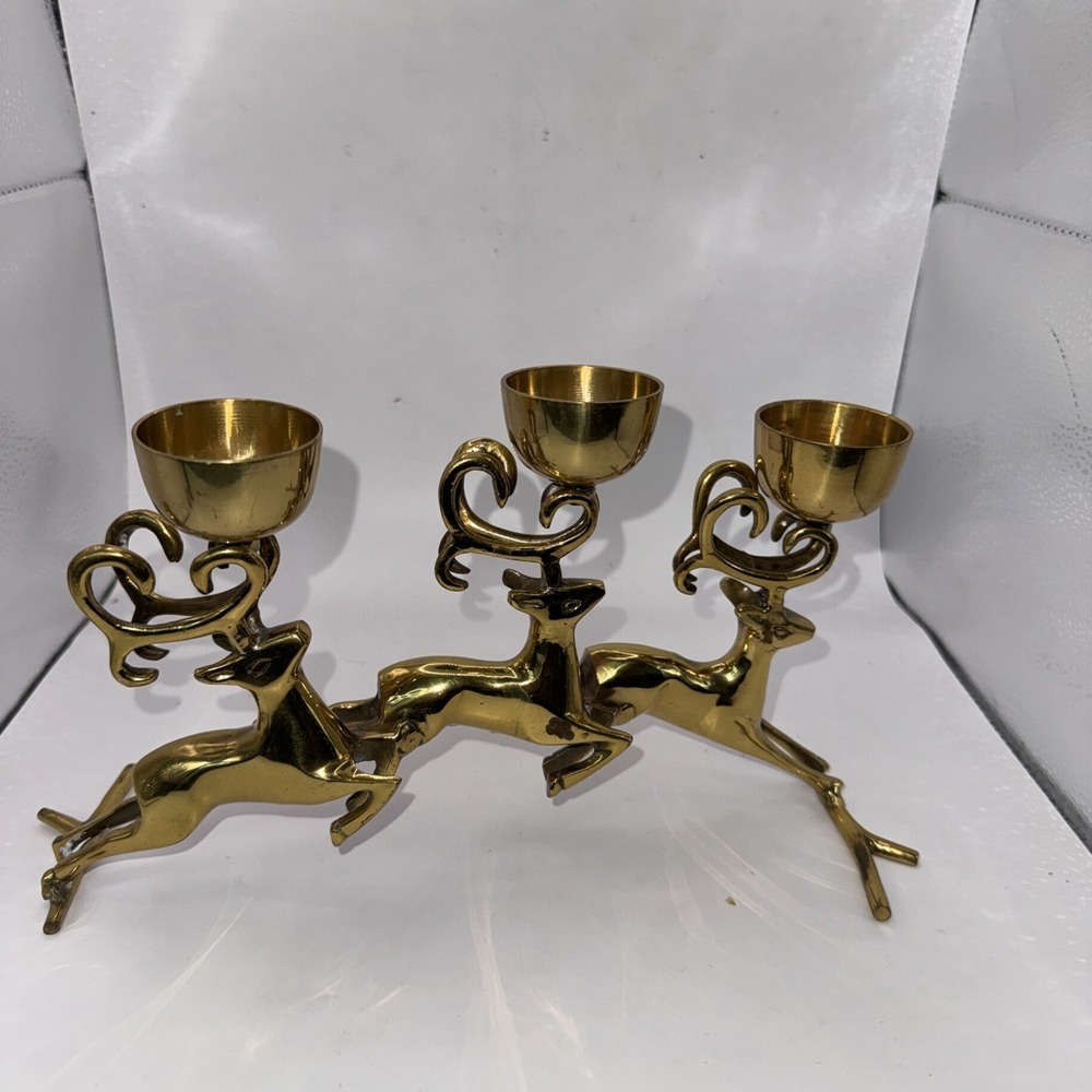 VTG  Solid Brass Reindeers Trio‎ Votive Tea Light Candle Holder 10.5"L